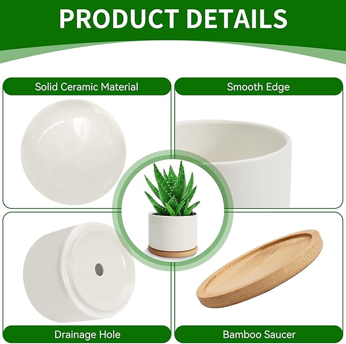 ZOUTOG Succulent Planter, White Mini 3.15 inch Ceramic Flower Planter Pot with Bamboo Tray, Pack of 4 - Plants Not Included