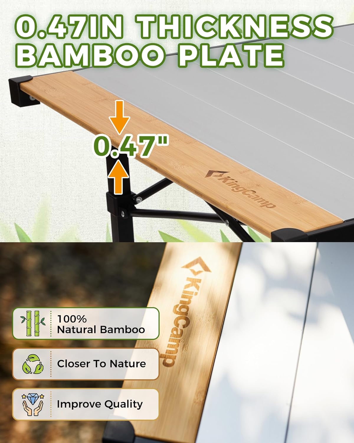 KingCamp Folding Camping Table, Aluminum Roll-Up Camp Table, Large Foldable Table for 2-4 Person, Outdoor Portable Tables with Carry Bag, 180 LBS Heavy Duty Load (Bamboo：40.16“x27.5”，2-4 People)