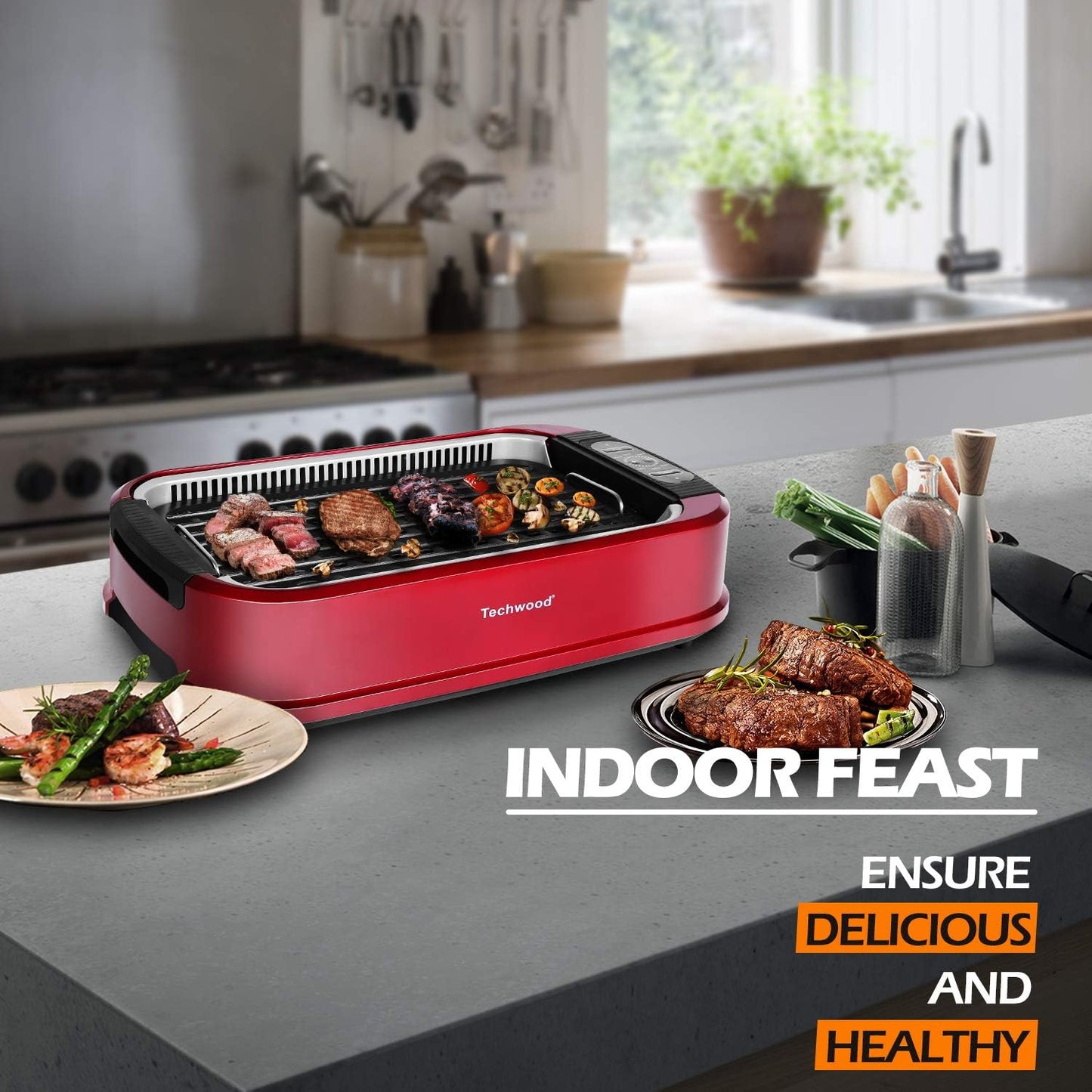 Smokeless Indoor Grill, Techwood 1500W Electric Grill Portable Korean Grill Non-Stick Grill Plates with Temperature Control, Removable Drip Tray, Tempered Glass Lid, Dishwasher-Safe