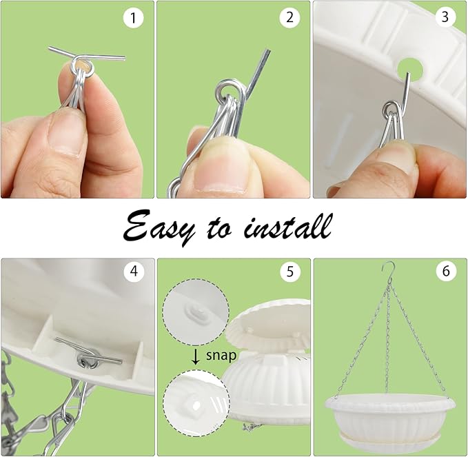 12.59in Hanging Planter Pots for Outdoor and Indoor Plants Flowers with Drainage Hole Tray Hooks Plastic Plant Baskets for Garden Home Porch (White, Pack of 6)