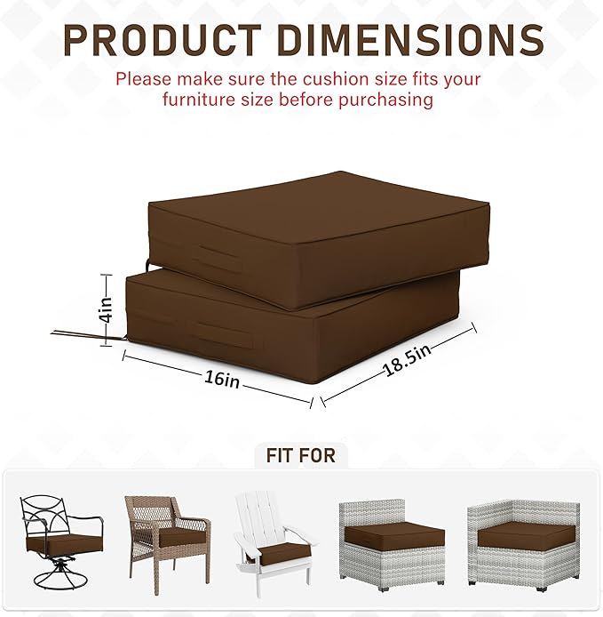 Patio Chair Cushions 18.5 X 16 X 4 Inch Waterproof Outdoor Seat Cushions for Patio Furniture, Outdoor Sofa Couch Pads with Ties & Handle, Set of 2, Chocolate
