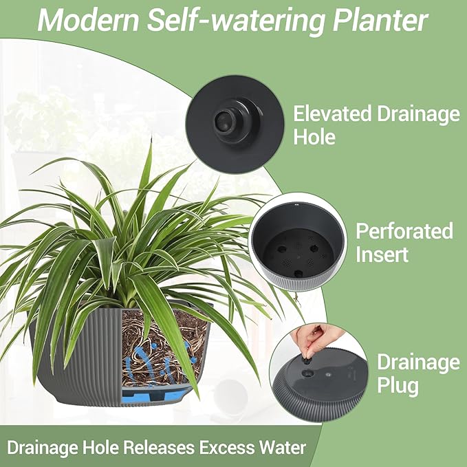 T4U 8 Inch Hanging Planters for Indoor Outdoor Plants, Self Watering Hanging Pot Pack of 2, Hanging Pots with Drainage Hole & Plug & Chain with 3 Hooks for Garden Home Decor, Grey