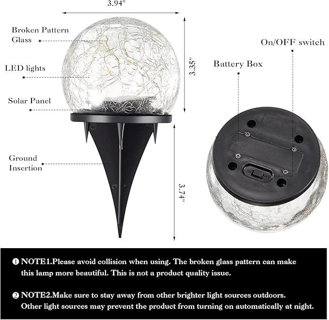 Honoson Decorative Solar Globe Lights Outdoor Waterproof LED Cracked Glass Ball Lights for Pathway, Walkway, Garden, Yard, Lawn Decoration(4 Pcs,3.9 Inch)