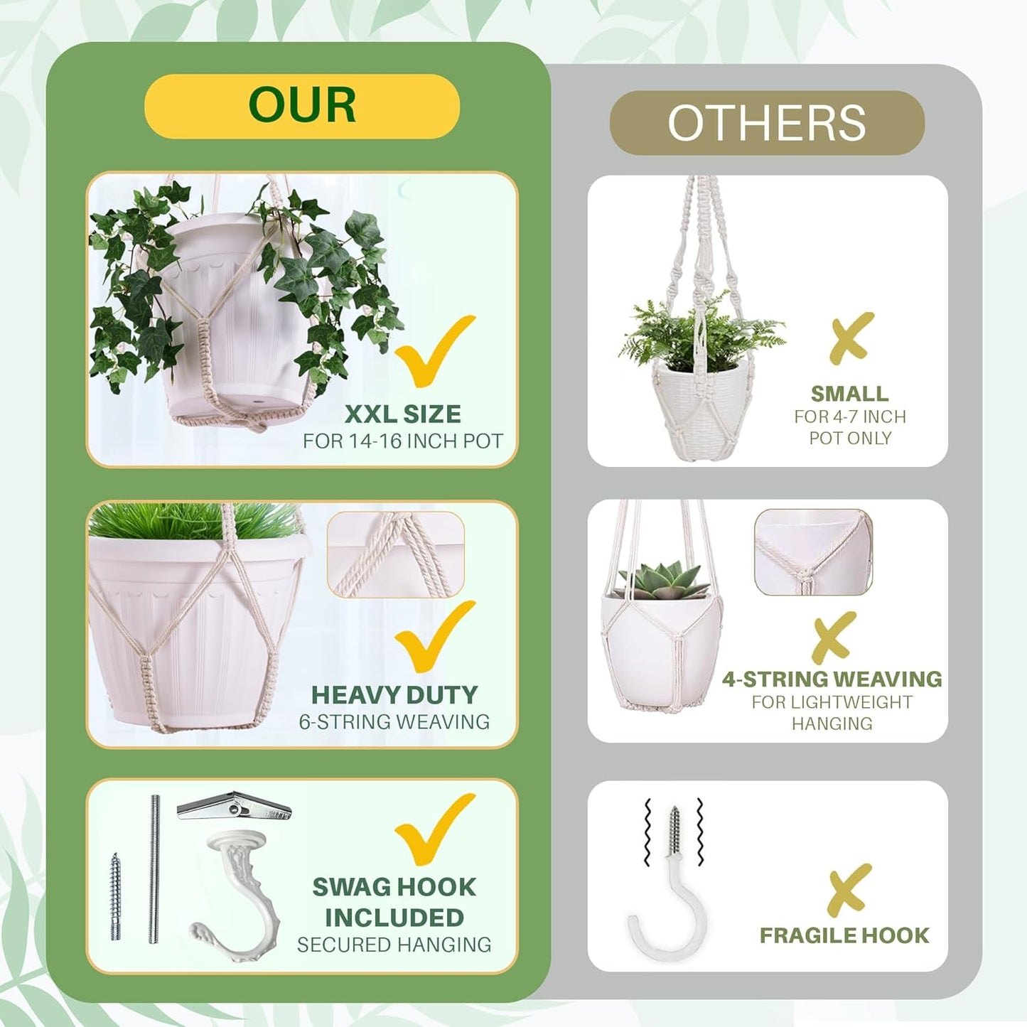 2 Pack Giant XXL 55 Inches Macrame Planter Hanger Large for 15 inch Pot + Swag Hook | Extra Large Hanging Planter for Indoor Plants | No Pot/Plant Included (XXL Jute)