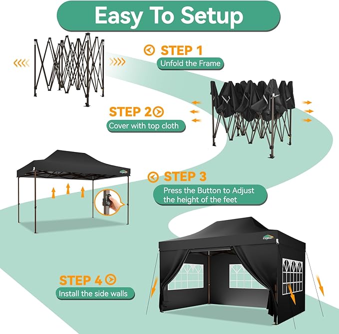 COBIZI 10x15 Pop Up Canopy Tent Heavy Duty with Sidewall, Commercial Outdoor Easy Pop Up Gazebo for Party Wedding All Weather Waterproof UV 50+ with Roller Bag(Leg Upgraded),Black