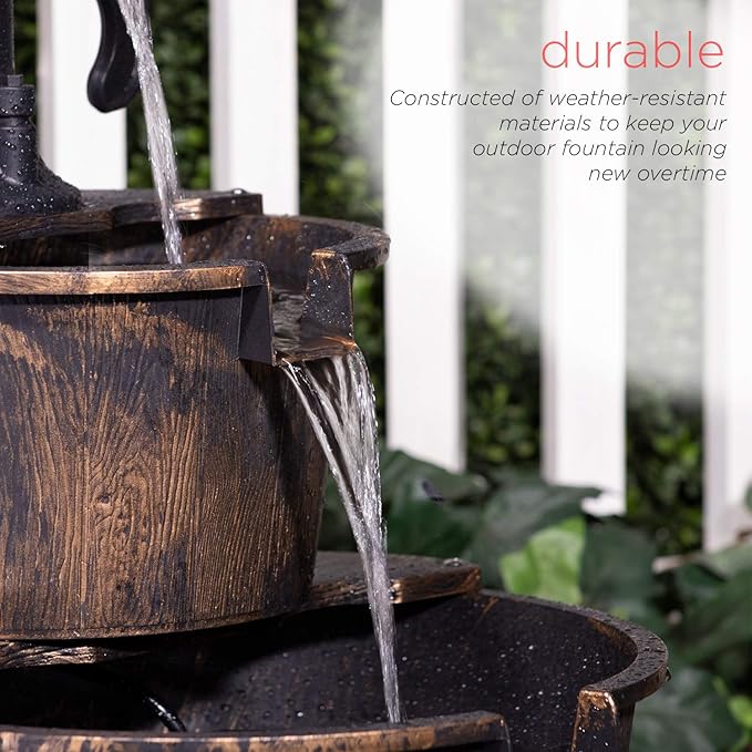 Alpine Corporation - Outdoor Rustic 2-Tiered Barrel and Pump Water Fountain – Bronze Finish, Relaxing Water Flow, Ideal for Garden, Patio, & Yard Décor, 27"H