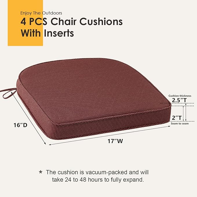 Outdoor Round Corner Seat Cushion, 17"x16"x2", Set of 4, Non Slip Seat Cushion Pads with Removable Cover for Patio Furniture, Garden Yard Lawn, Tan Dotted Red Base