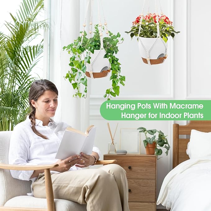 Hanging Planters for Indoor Outdoor Plants, 2 Pack Self Watering Hanging Pot with Drainage Holes, Removable Tray & 2 Kinds of Plant Hangers, 8'' Hanging Flower Pots for Home Garden Decor, White