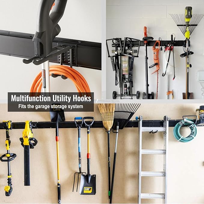 Wall Mount Tool Storage Rack, Heavy Duty Garage Storage Tool Organizer, Garden Tool Wall Hooks and Hangers, Hold Up to 350lbs Black