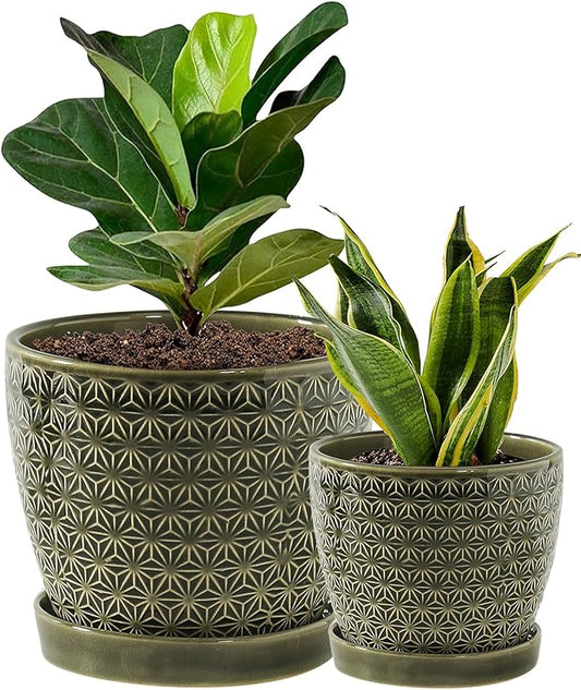 Plant Pots, Flower Pots, Planters for Indoor Plants(6.5+5.5inch), Flower Pots for Indoor Plants with Drainage Hole and Saucer, Ceramic Pots for Plants with Hole Mesh Pad,Reactive Glaze Green