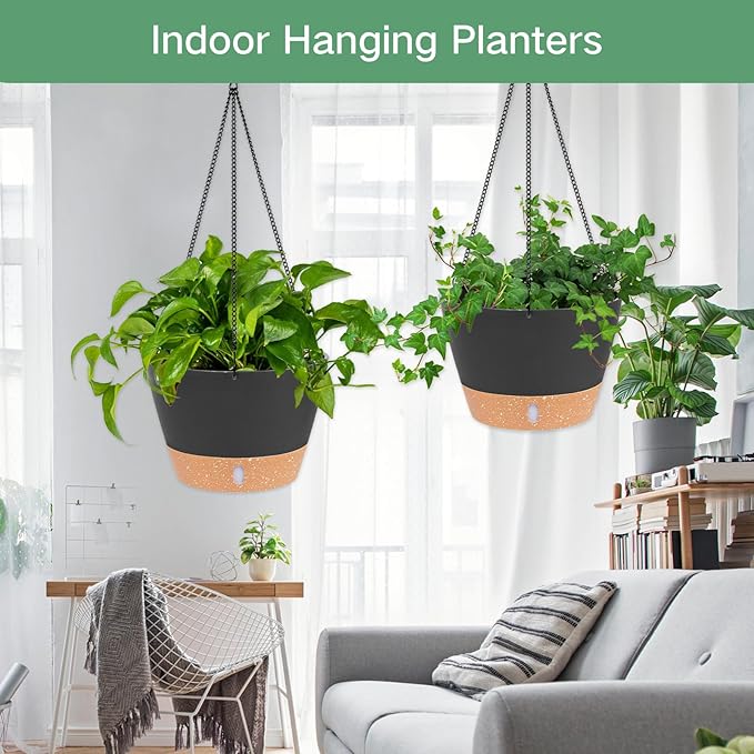 QCQHDU 2 Pack 8 inch Hanging Planters for Indoor Plants, Outdoor Hanging Baskets, Self Watering Pots with Drainage Holes & Removable Tray (Dark Grey, 8 inch)