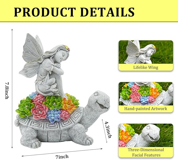Choies Solar Angel Garden Statue Outdoor,Little Angel Sitting on Turtle Garden Sculpture for Outside,Angels Figurines Gifts for Women,Mom,Angel Outdoor Decoration for Home,Garden,Patio,Yard