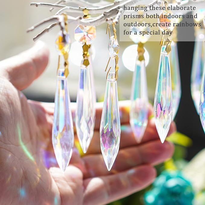 20pcs Large Colorful Crystal Prisms for Chandeliers Suncatchers, 63mm Crystal Icicle U-Drop Prisms Lamp Parts with Metal Bow Clips