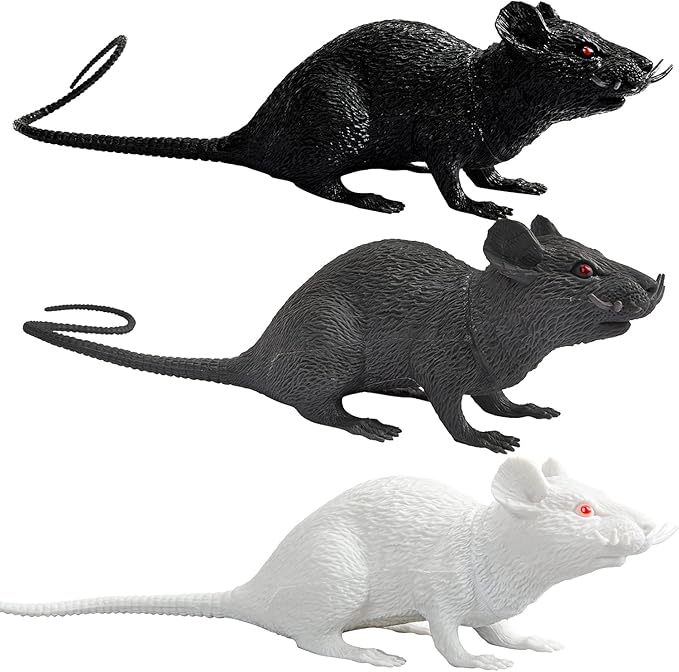 XONOR Halloween DÃcor Set of 3 Realistic Looking Spooky Mice Rats, Super Large Plastic Mouce for Best Halloween Decoration, 3 Colors (White & Black & Grey)