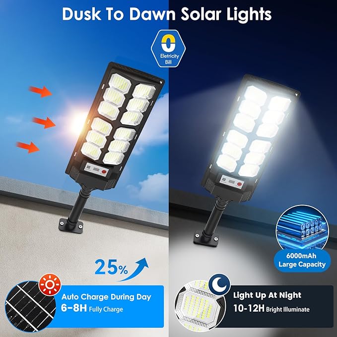 4-Pack Solar Street Lights Outdoor, 13000LM 6500K Waterproof LED Solar Flood Lights with Motion Sensor, Dusk to Dawn Solar-Powered Light for Outside, Security Lights for Parking Lot Yard Driveway
