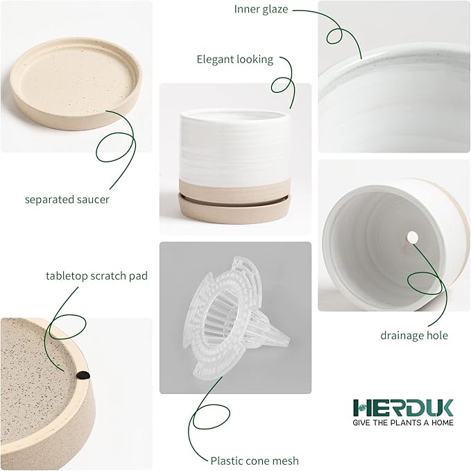 8 Inch Pots for Plants, Ceramic Planter Pot with Drainage Hole & Saucer, Indoor or Outdoor Cylinder Round Planter Pot, Matte White & Beige