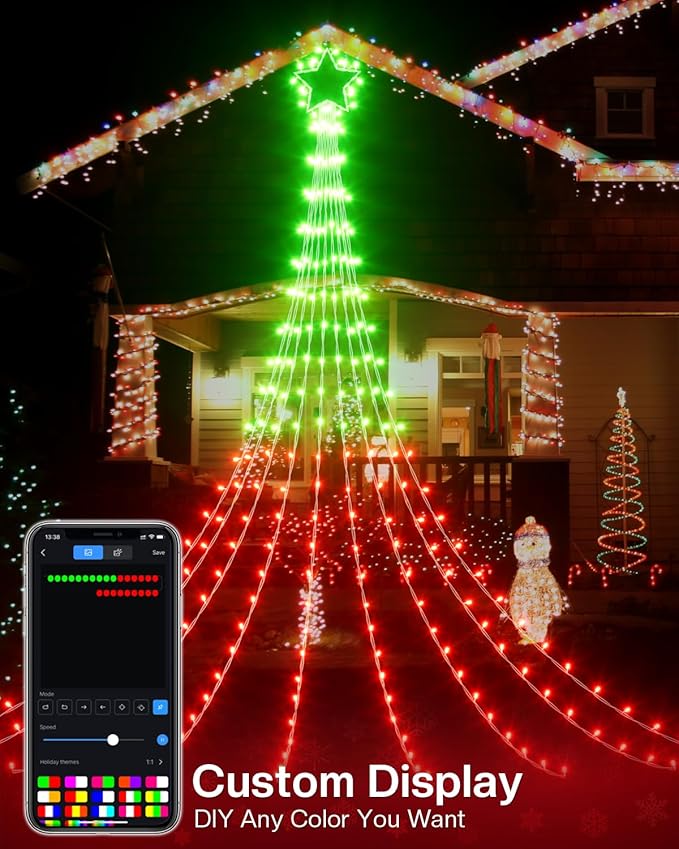 16.5FT Smart Outdoor Christmas Decoration Star String Lights, DIY Color Changing LED Yard Lights App Control Music Sync, Timer, Group Control Waterproof Waterfall Tree Lights for Outside