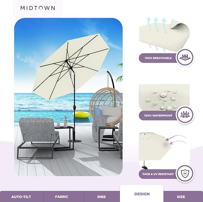 Midtown Umbrellas The Lean 8 Feet Outdoor Umbrella With Sunbrella Canvas Natural Acrylic Fabric - 8 Ribs Aluminum Frame Patio Umbrella With Zinc Alloy Crank Lift And Auto-Tilt System