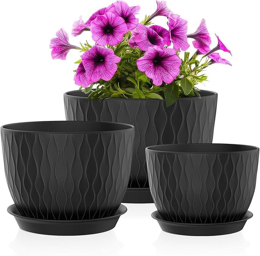 Plant Pots 12/10/9 Inch Pots, Set of 3 Plastic Planters with Drainage Holes and Saucers,Plastic Flower Pots,Nursery Planting Pot for Indoor Out Door Plants（Black）