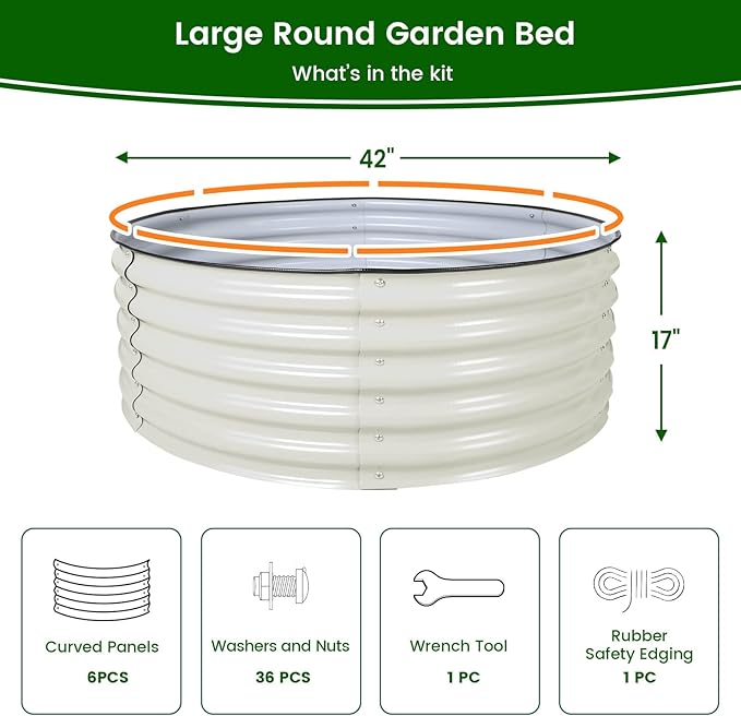 Olle 17" Tall, 42" Round Metal Raised Garden Bed Kits, Planter Raised Beds for Gardening, Raised Flower Bed Galvanized Planter Box, 3.5 * 3.5 * 1.4Ft,Ivory