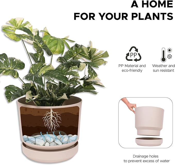 Elly Décor 10 inch Plastic Cylinder Planter Pot with Self-Watering Saucer and Drainage Hole,Lightweight & Extremely Durable, 10"x 10", Ivory