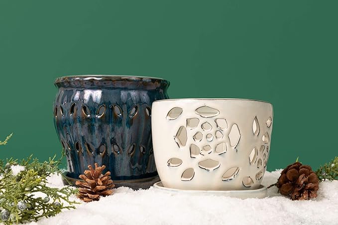 rePotme 5 inch Orchid Pot - Floral Cutout Ceramic Orchid Pot with Holes (White Diamond) - Includes 5 inch Slotted Pot Liner