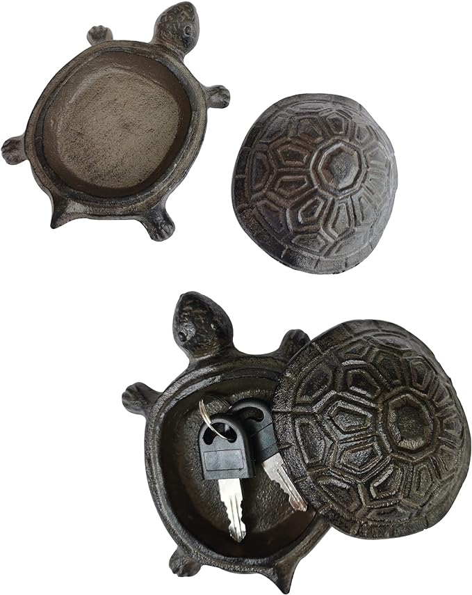 BSTGIFTS Cast Iron Turtle Key Hider - Spare Key Holder - Garden Decoration Turtle, Jewelry Trinkets Box for Key, Ear Studs, Ring, Paper Clip (Antique Brown)…