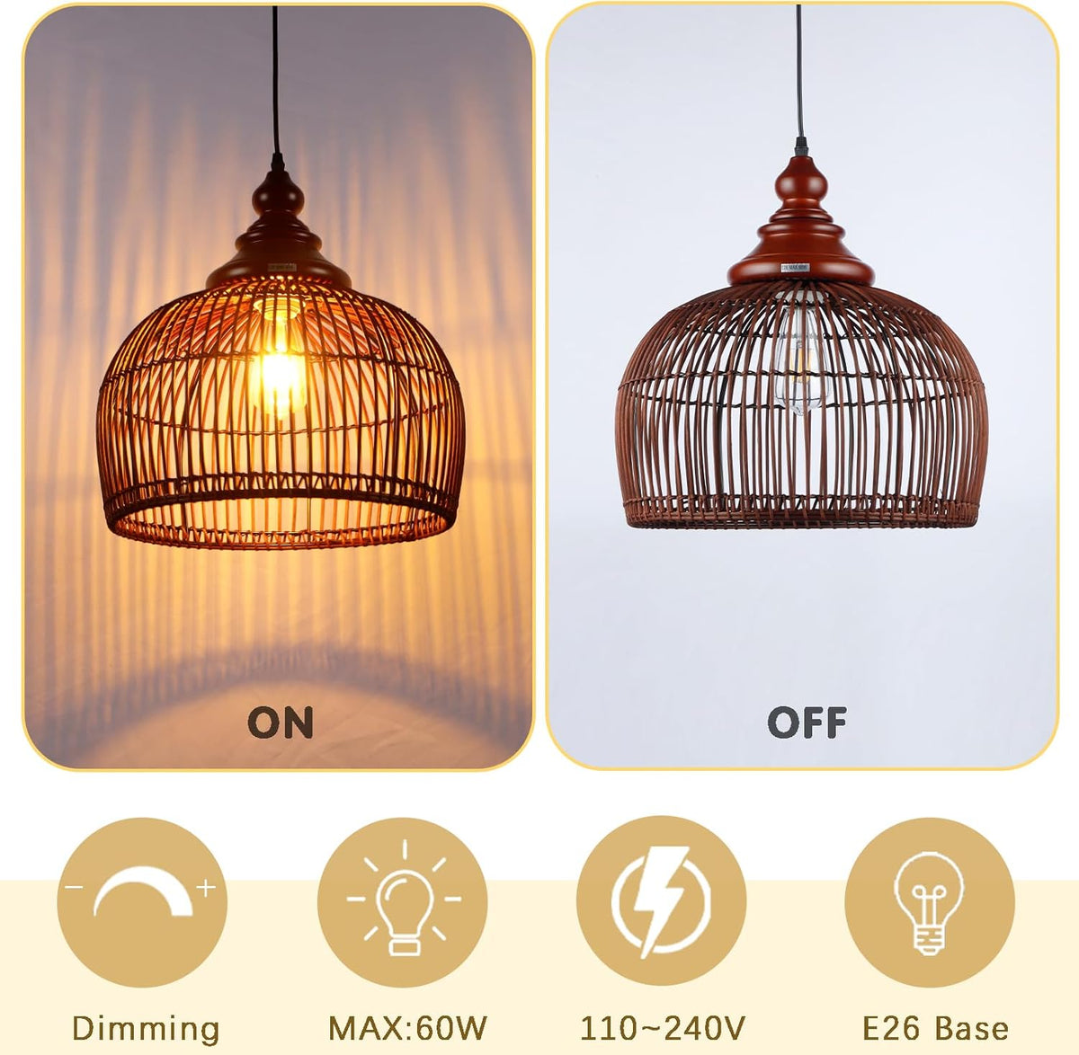 Rattan Pendant Light Kitchen Island, 15.8" Boho Dining Room Light Fixture Hand-Woven Wicker Chandelier Farmhouse Weaving Lighting Coastal Ceiling Hanging Lights for Living Room Restaurant