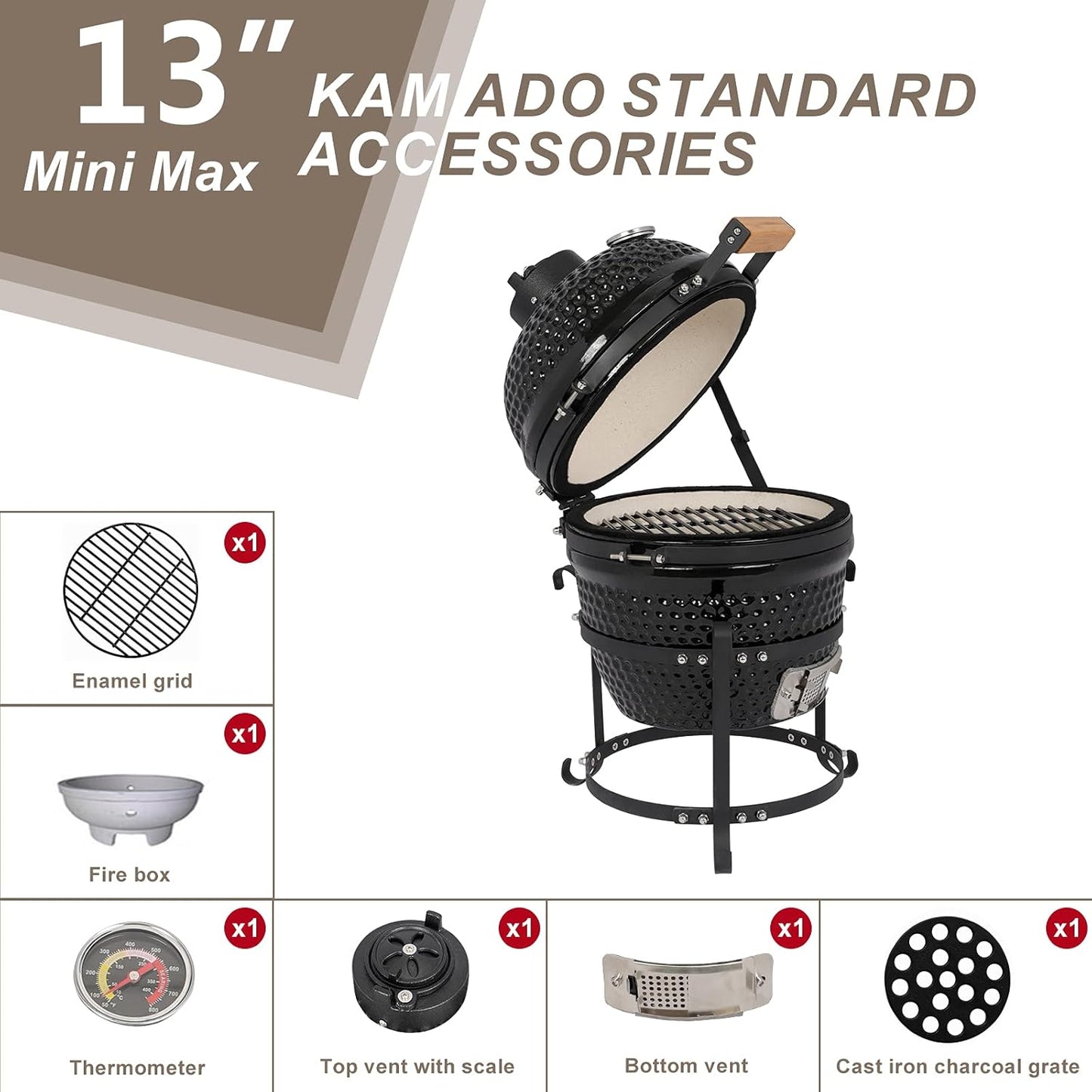 13" Round Ceramic Kamado Charcoal Grill - Heavy-Duty Black Outdoor BBQ Smoker with Heat Retention, Portable Egg Design for Grilling, Smoking, Baking & Roasting (Includes Ash Tool)