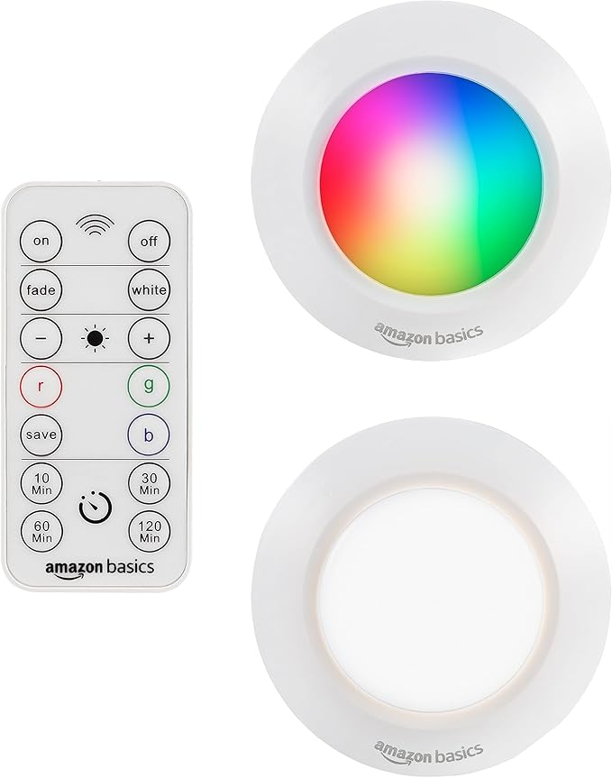 Amazon Basics LED Puck Lights, Color Changing, Battery Operated, IR Remote, 40 Lumens, 2 Pack, Wireless Stick on Lights, Under Cabinet Lighting, Ideal for Closets, and More, White