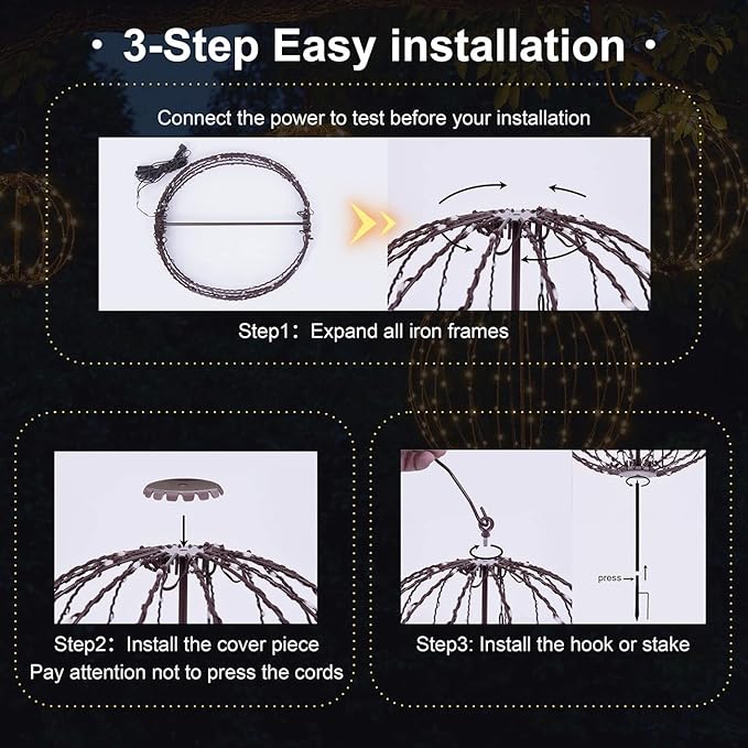 Christmas Ball Sphere, 12IN 96LED Hanging Tree and Pathway Lights With Hook and Stake, Foldable Metal Frame Ball for Outdoor Garden, UL Listed, Brown Frame, RGB