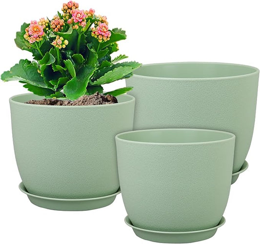 Medium Plant Pots 10/9/8 inch, Flower Pots for Indoor Outdoor Plants, Set of 3 Modern Decorative Plastic Planters with Drainage Holes and Saucers for House Porch Garden Plants, Green