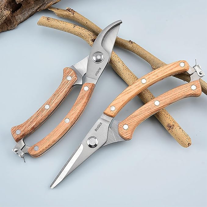 BUGUI Wood Handle Garden Shears, Long Straight Tip, All Steel Construction, Sharp, Well Designed Garden Scissors, 8"