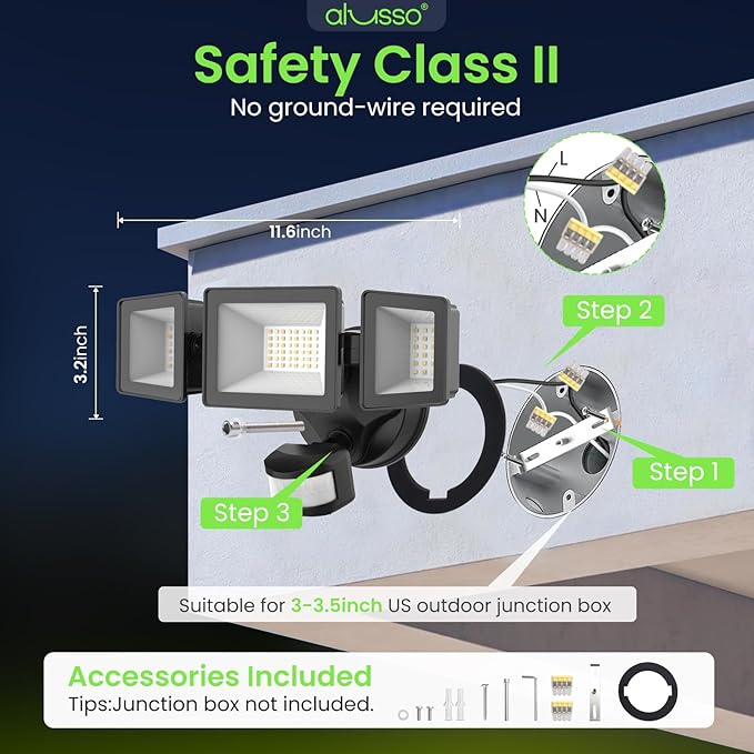 ALUSSO® Motion Sensor Outdoor Lights, 40W 4000LM 3 Modes Flood Lights Outdoor Motion Sensor, 3CCT 3 Heads Outdoor Security Light Wet Location Use for House Garage Yard Walkway, Black,ETL