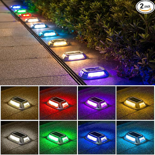 Solar Driveway Lights Dock Deck Lights 2 Pack, 9 Colors in 1, LED Driveway Markers Deck Lights IP68 Waterproof Outdoor Solar Powered Warning Step Lights for Pathway RGB