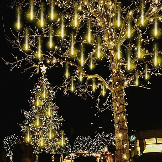 Christmas Lights Outdoor, Meteor Shower Lights Falling Star Lights 16 inch 8 Tubes 256 LED Icicle Snow Falling Lights Raindrop Lights for Xmas Tree Holiday Party Decoration, UL Plug, Warm White