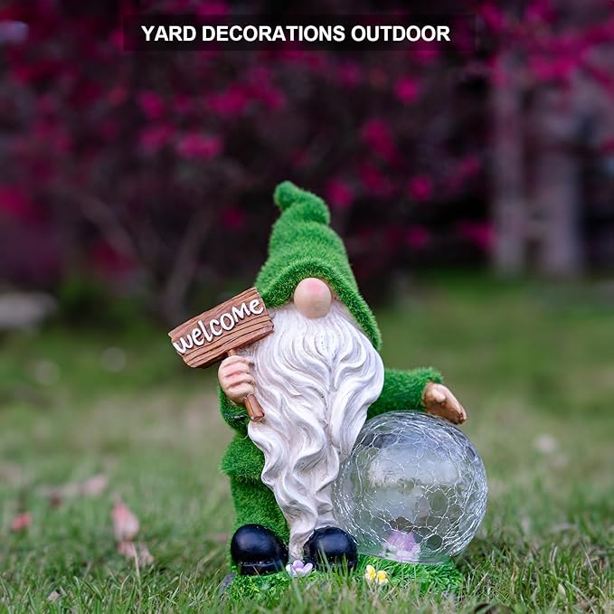 Gnome Garden Statue Figurine Decor with Solar Lights, Outdoor Garden Succulent Ornaments Waterproof Decoration for Outside Patio Yard Lawn Decor