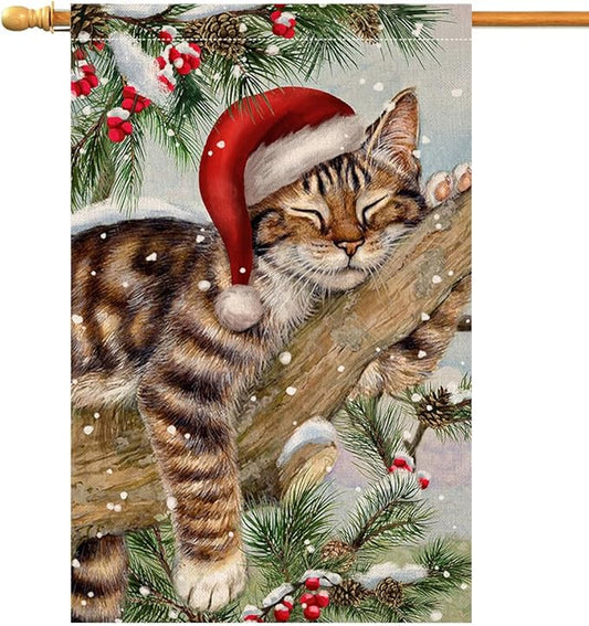 BLKWHT Winter Cat House Flag 28 x 40 Vertical Double Sided Christmas Holiday Outside Decorations Burlap Yard Flag BW738-40