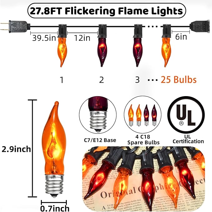 27.78 FT Halloween Ligths, C7 Clear Orange and Purple Flickering Flame String Lights Outdoor, E12 Screw Base, Flame String Lights for Halloween Indoor Outdoor Roofline Garden Patio Party Decorations