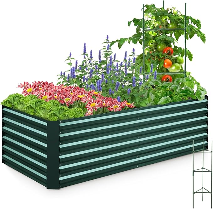 Quictent Galvanized Raised Garden Bed Metal Planter Box Bottomless for Backyard Outdoor, Include 1 pc Tomato Cage, Dark Green, 6x3x2 Ft