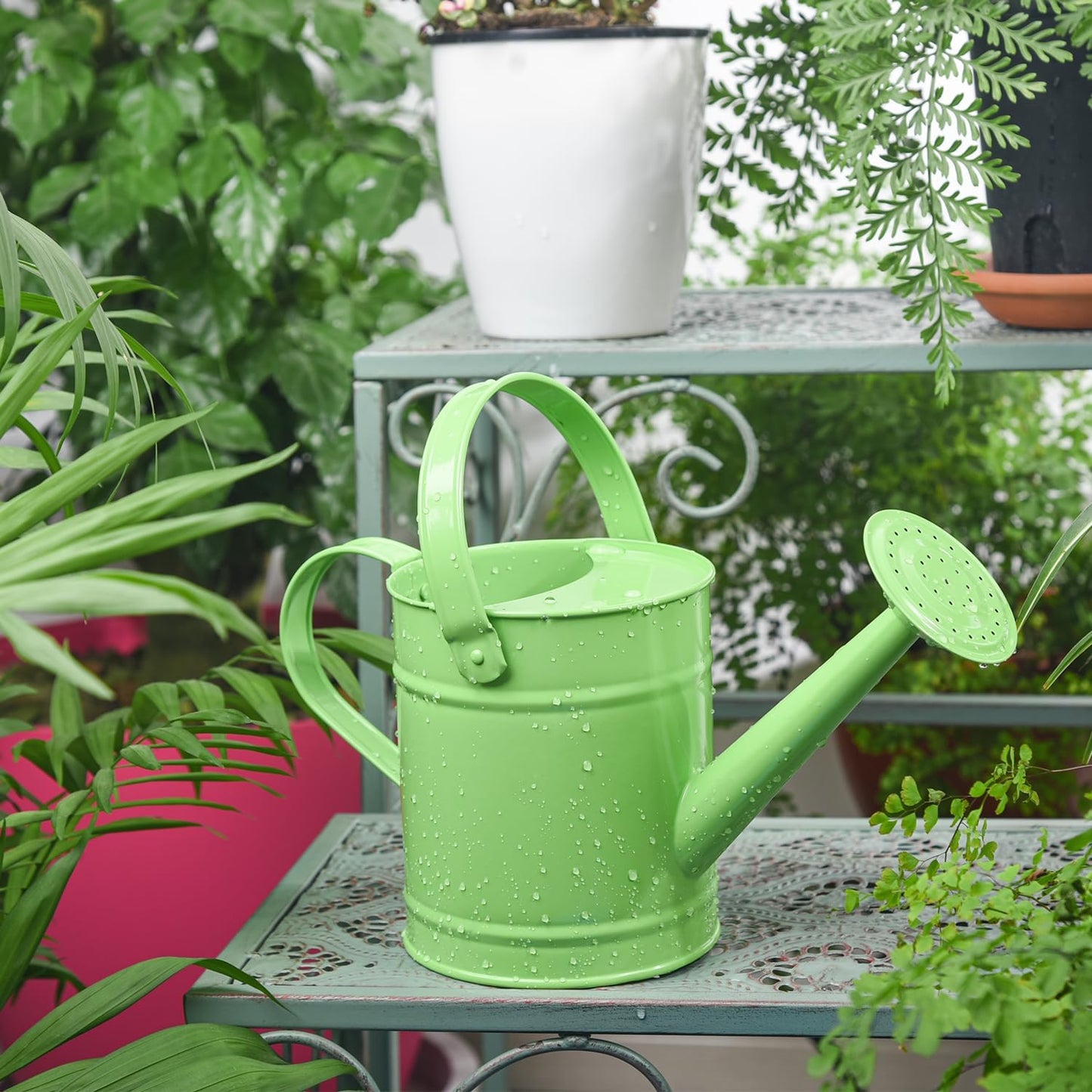 Sungmor 1.5 Liter Small Bright Green Watering Can for Indoor Outdoor Plants, Cute Little Kids Gardening Watering Cans, Lightweight Portable Metal Watering Can, Anti-Rust Pretty Bucket Watering Device