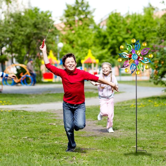 DREAMYSOUL 2 Packs Wind Spinners for Yard and Garden, Colorful Pinwheel Metal Wind Sculpture Outdoor Yard Art for Garden, Patio, Lawn Decor (11" Dia * 37.8" H)