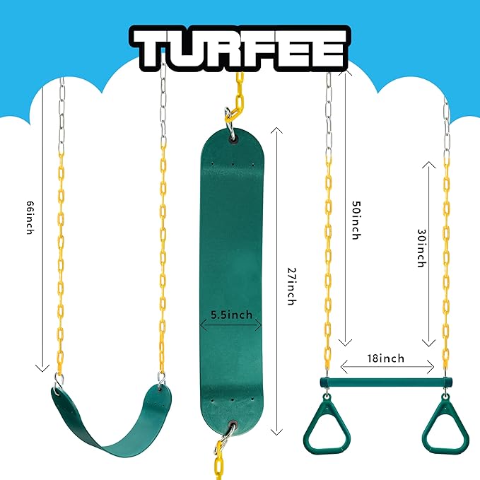 TURFEE 3 Pack Assorted Swing Set, Including 1 Gym Rings Trapeze Bar and 2 Pcs Swings with Plastic Coated Chain, Swingset Accessories Replacement for Kids Outdoor Play, Playground- Green