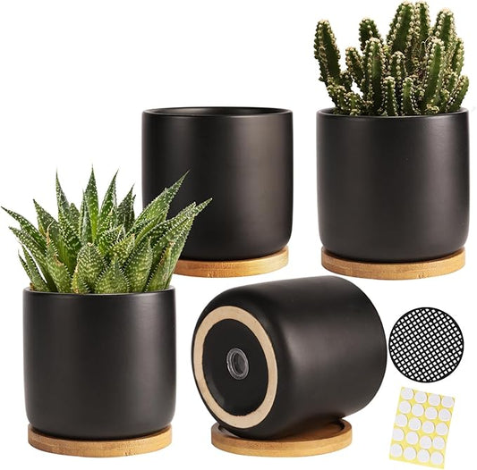 4 Inch Ceramic Plant Pots with Drainage Holes and Trays, Adorable Small Cylinder Flower Planter Pot for Indoor Plants, Succulent, Snake Plants, Cactus & Herbs, Black, Set of 4