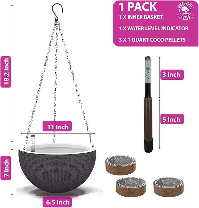 GARDENIX DECOR 11'' Self Watering Hanging planters for Indoor Plants - Flower Pot with Water Level Indicator for Plants, Hanging pots - Self Watering Planter Plant Pot-Coco Coir - Round 1 Pack - Gray