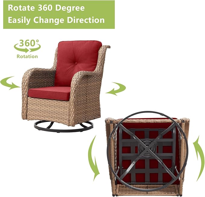 Outdoor Wicker Patio Furniture Set - 6 Piece Rattan Patio Conversation Set with 2 Rocking Swivel Chairs,2 Ottomans,1 Sofa and 1 Coffee Table for Porch Deck Backyard Garden(Yellow/Red)