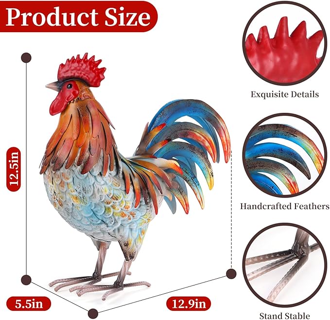 Metal Rooster Decor Garden Statue,Yard Chicken Decorations Outdoor Sculpture for Backyard Patio Kitchen Lawn Ornaments,Birthday for Women Mom