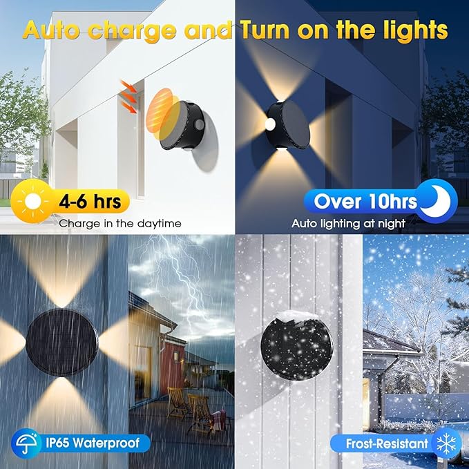 Outdoor Wall Lights - 4 LED Solar Lights for Outside - IP65 Waterproof-RGB Multicolor - Auto On/Off - 1200mAh Battery, Use on The Fence, Patio, Yard, Garden, Porch&More 2 Pack (Multicolor)