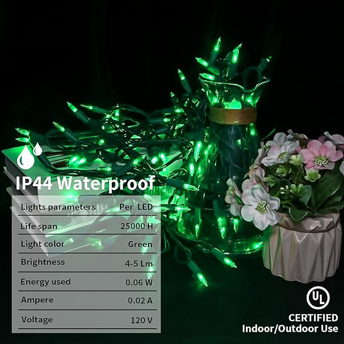 Green Christmas LED Lights - 2 Pack 100 Count Green Christmas String Lights for Tree, Party, Holiday, Indoor/Outdoor St. Patrick's Day Decorations, 2 Sets 33 Feet Green Wire, UL Certified, Connectable