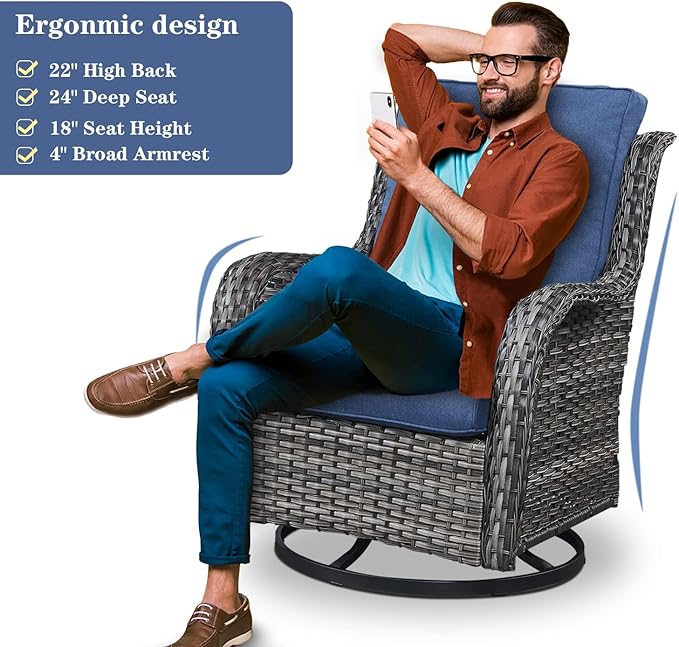 Outdoor Patio Furniture Set - 7 Piece Gray Wicker Conversation Patio Furniture Set All Weather Swivel Chairs with Ottoman and Loveseat Glider Chair for Deck Balcony Backyard